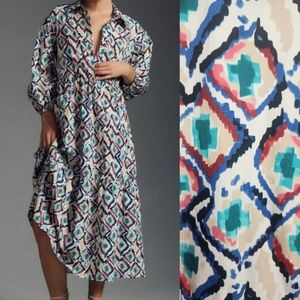 Maeve Anthropologie The Bettina Tiered Shirt Midi Dress Ikat Print Small Petite